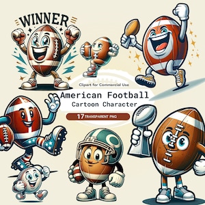 Simpatico set di clipart per personaggi dei cartoni animati di football americano dell'acquerello, mascotte, sublimazione del calcio, illustrazioni, Png del giorno della partita, Png sportivo