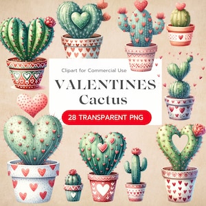 Clipart cactus Saint Valentin, cactus avec coeurs, clipart cactus aquarelle, Saint Valentin et décoration amour, format PNG, usage commercial