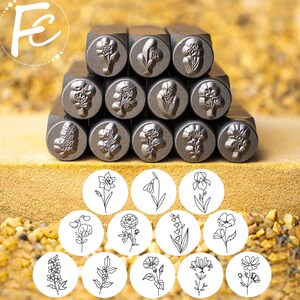 Set di timbri in metallo con fiori di luna di nascita, timbro floreale, timbro vegetale, strumenti per punzonatura di metallo, forniture per fai da te con timbro a mano, creazione di gioielli