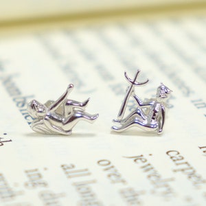 Dainty Angel and Devil Stud Earrings,S925 Silver Adorable Cherub&Demon Mismatched Push Back Earrings,Halloween Gothic Earrings,cosplay stud