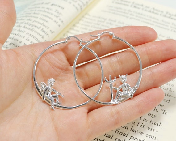 Dainty Angel and Devil Hoop Earrings,Adorable Cherub & Demon Mismatched Earrings,S925 Sterling Silver,Halloween Outfit Earrings,Cosplay