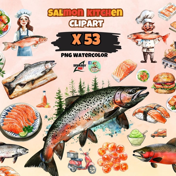 Salmon Clipart, Watercolor Fish For kitchen & Restaurant Decor, Food menu, Packaging Stickers, Make Poster, PNG Transparent, Commercial Use