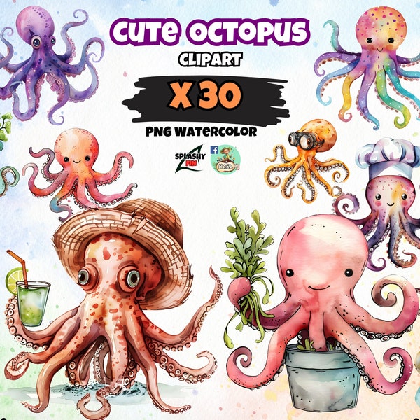 Cute Octopus Clipart, Watercolor Ocean Animals, For Nursery Decor, Paper Crafts & Prints, Summer Beach PNG, Squid, Cuttlefish, Baby Shower