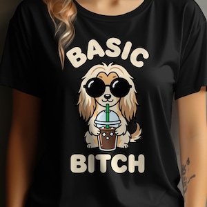 Basic dog graphic, funny iced coffee dog shirt, birthday gift for her, artistic pet tee, women dog mom t-shirt, cute illustration gift