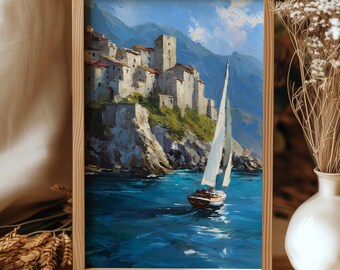Mediterranean Sailboat Wall Art | Nautical Coastal Print | Ocean Cliff Seascape Digital Download Decor