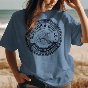 Funny Arts Crafts Shirt, Glue Gun and Grit Co Tee, Graphic T-Shirt, Beach Casual Outfit, Creative Hobby Top, Gift for Crafters