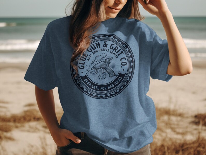 Funny Arts Crafts Shirt, Glue Gun and Grit Co Tee, Graphic T-Shirt, Beach Casual Outfit, Creative Hobby Top, Gift for Crafters