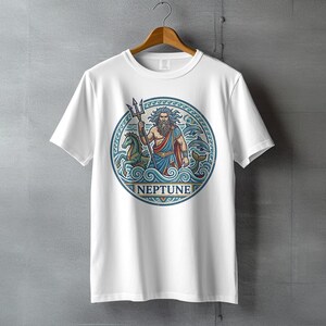 White t-shirt with circular Neptune artwork featuring a trident, horse, and waves.