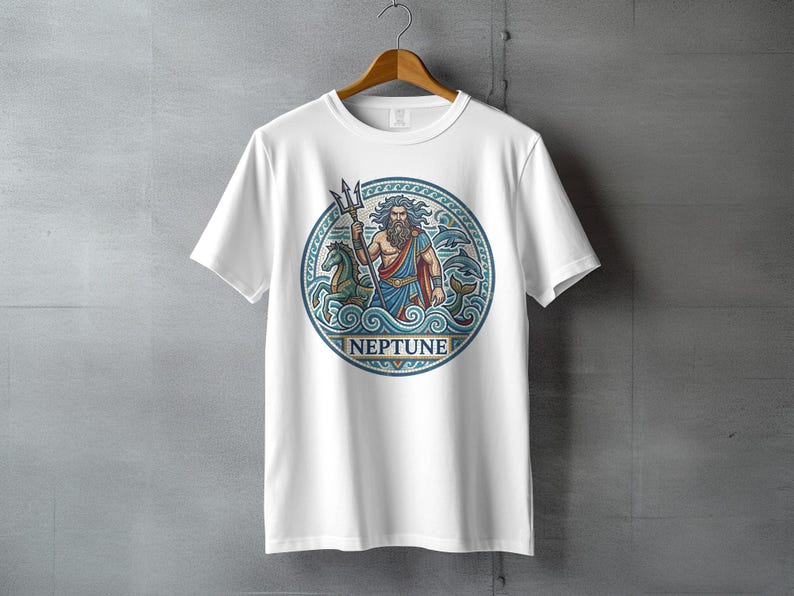 White t-shirt with circular Neptune artwork featuring a trident, horse, and waves.