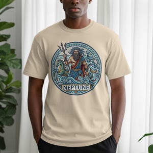Men's tan t-shirt with a circular graphic of Neptune holding a trident.