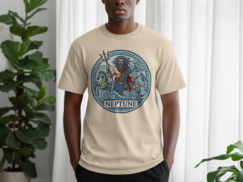 Men's tan t-shirt with a circular graphic of Neptune holding a trident.