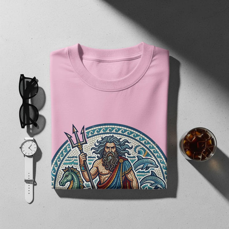 Pink sweatshirt featuring Poseidon with trident, dolphins, and horses.