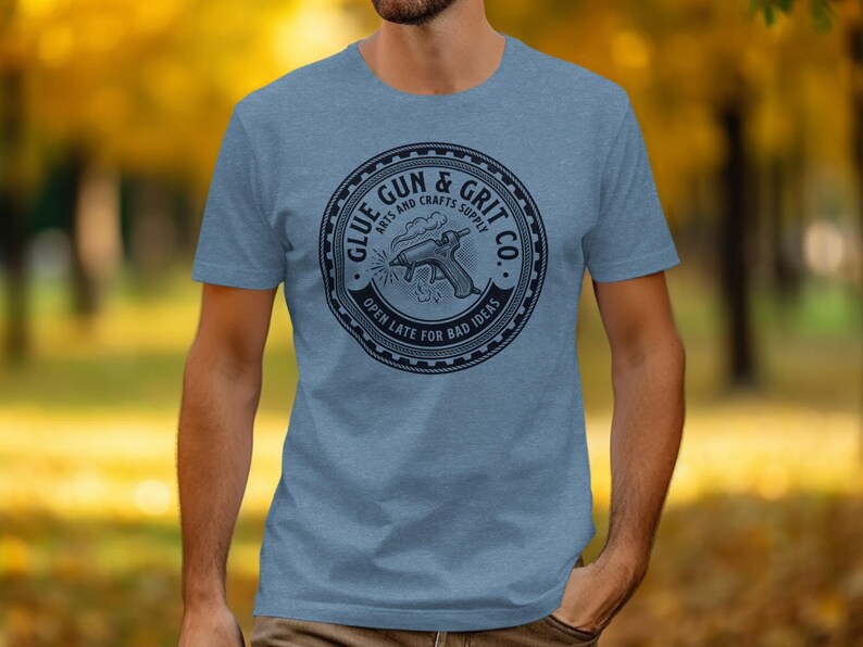 Funny Glue Gun T Shirt, Arts and Crafts Graphic Tee, Open Late For Bad Ideas Shirt, Craft Lover Gift, DIY Crafting Enthusiast Shirt