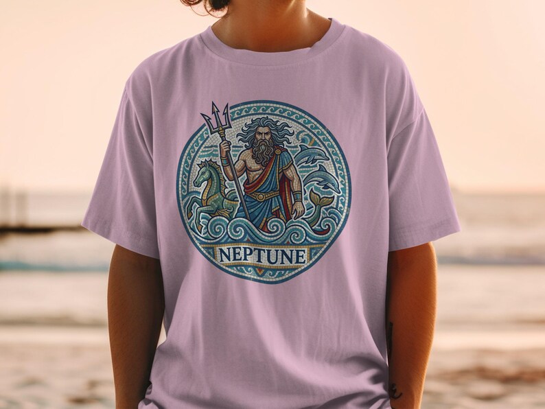Circular mosaic of Neptune with trident, hippocampus, and dolphins.