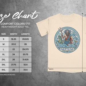 Size chart for Comfort Colors 1717 heavyweight adult tee with Neptune graphic.