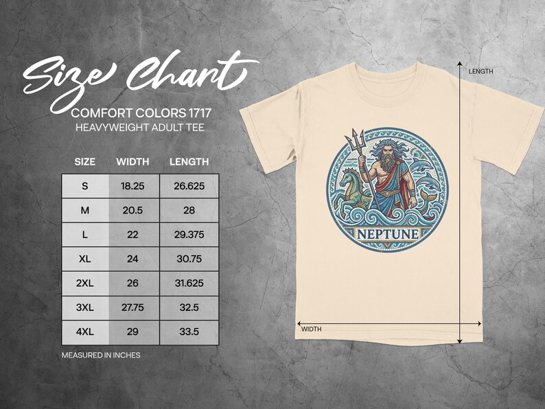Size chart for Comfort Colors 1717 heavyweight adult tee with Neptune graphic.