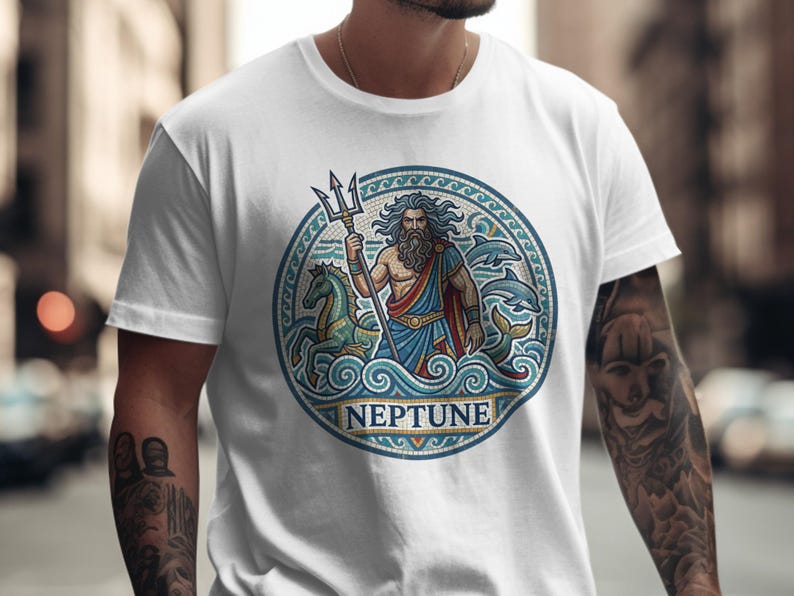 T-shirt with Neptune design, trident, horses, and dolphins.