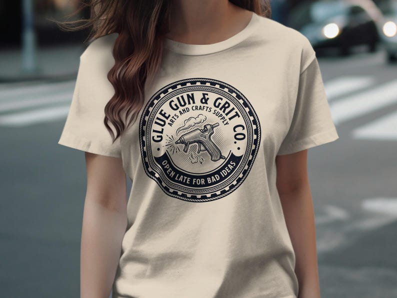 Funny Graphic Tee, Glue Gun and Grit Co T-Shirt, Arts and Crafts Supply Shirt, Open Late For Bad Ideas, Craft Enthusiast Gift