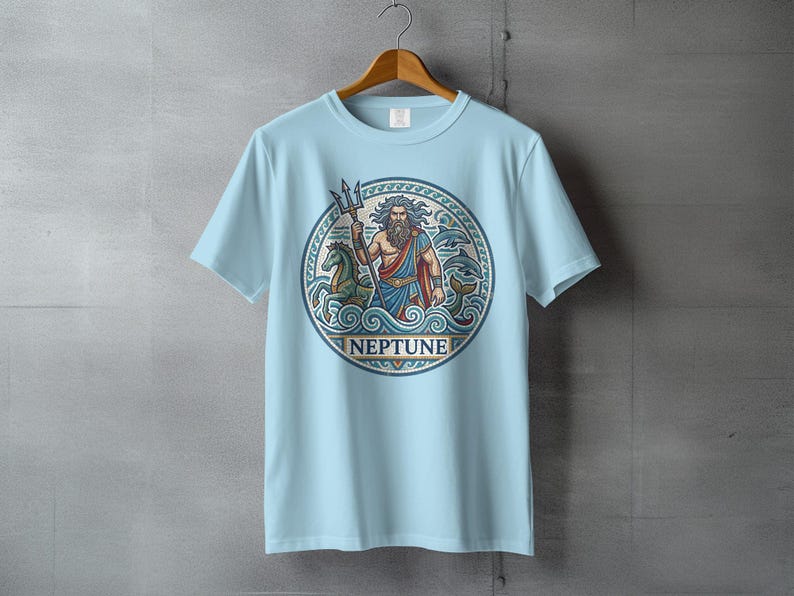 Light blue t-shirt with Neptune illustration, holding trident, riding seahorse.