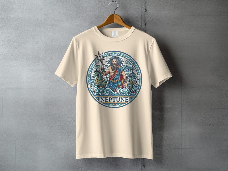 Cream t-shirt featuring a circular design of Neptune with trident, horses, and waves.
