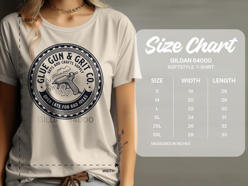Glue Gun Grit Co T-Shirt, Arts and Crafts Supply, Open Late For Bad Ideas, Unisex Tee, Gildan 64000, Softstyle, Graphic Print