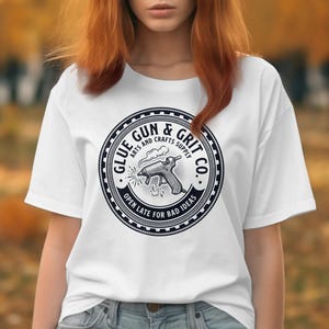 Glue Gun and Grit Co Arts and Crafts Supply Graphic Tee, Open Late For Bad Ideas T-Shirt, Funny Crafting Shirt, Unisex Casual Tee