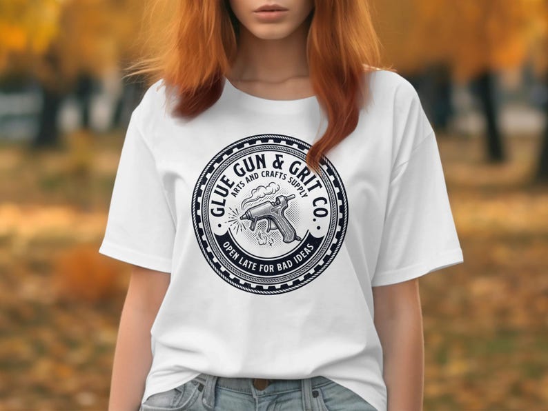 Glue Gun and Grit Co Arts and Crafts Supply Graphic Tee, Open Late For Bad Ideas T-Shirt, Funny Crafting Shirt, Unisex Casual Tee