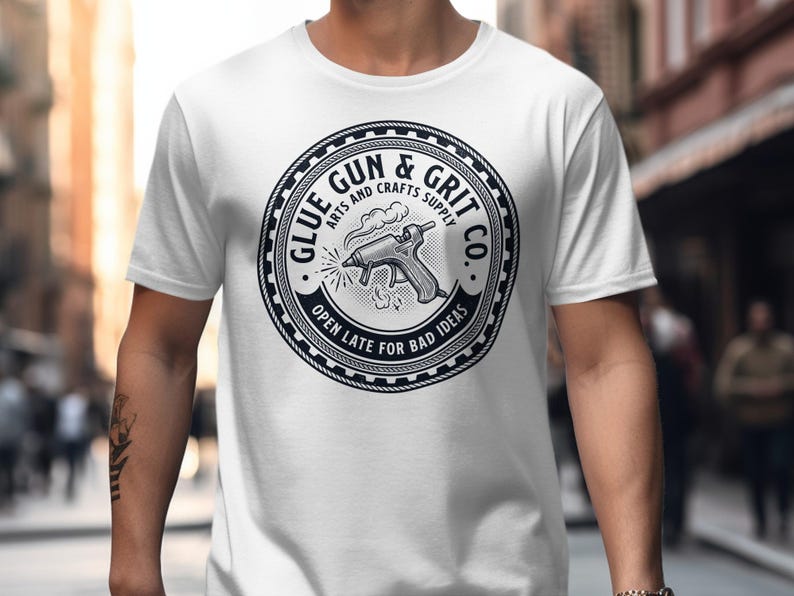 Funny Glue Gun and Grit Co T Shirt, DIY Craft Lovers Tee, Open Late For Bad Ideas Shirt, Arts and Crafts Supply Graphic Tee