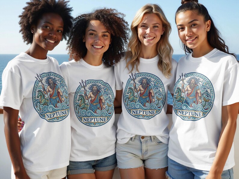 Four smiling women wear white t-shirts featuring a circular graphic of Neptune.