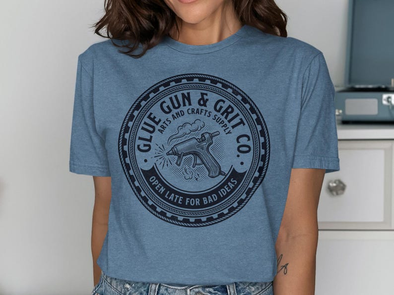 Glue Gun and Grit Co Arts and Crafts Supply Shirt, Creative Hobby Graphic Tee, Funny Crafter Gift, Open Late for Bad Ideas T-shirt