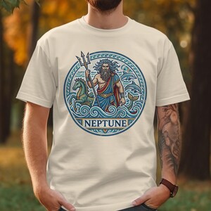 T-shirt featuring a mosaic of Neptune with trident and seahorse.
