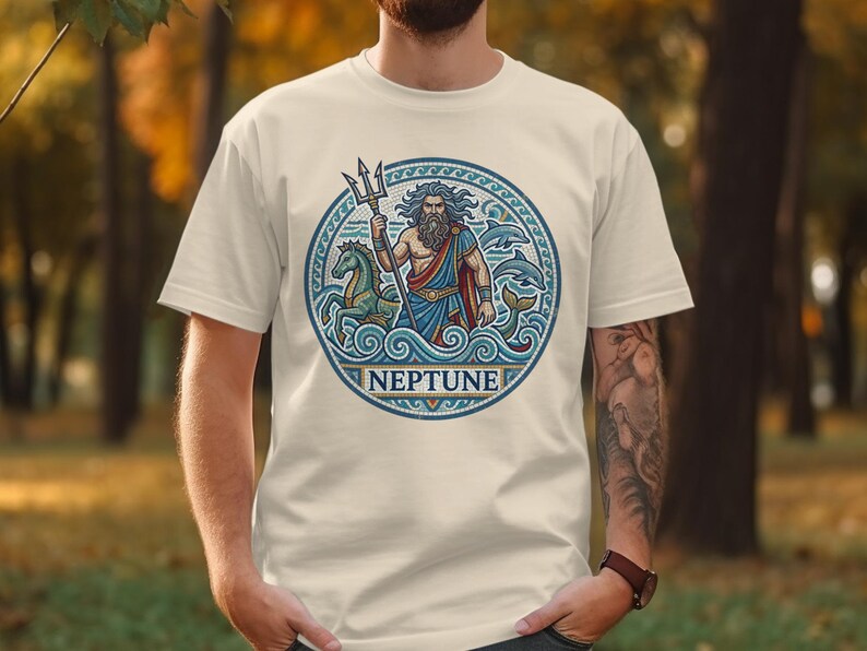 T-shirt featuring a mosaic of Neptune with trident and seahorse.