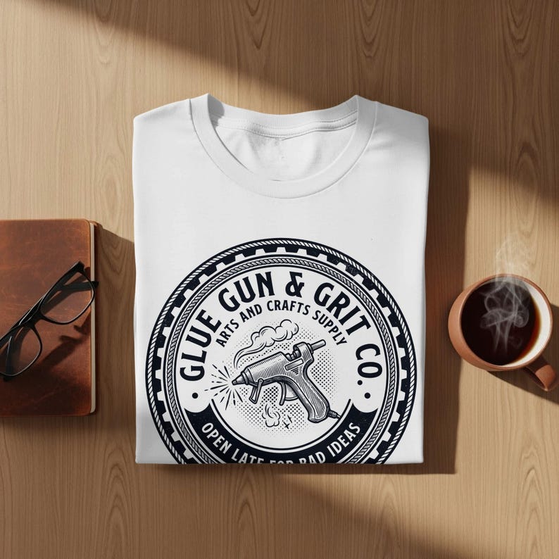 Glue Gun and Grit Co T-shirt, Arts and Crafts Supply Tee, Fun Crafting Shirt, Open Late for Bad Ideas, Unique Gift for Crafters