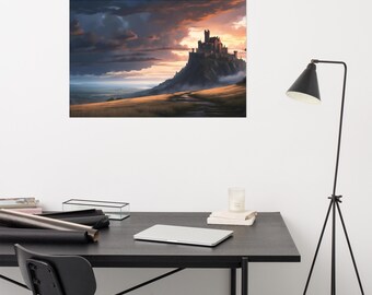 Twilight Kingdom Highland Castle Dusk Poster: Evening Adventure, Grand Silhouetted Towers, Mystical Landscape Art