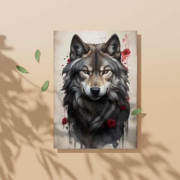 Regal Wolf & Rose Portrait - Piercing Gaze and Lifelike Fur, Artistic Animal Embellishment Art Poster