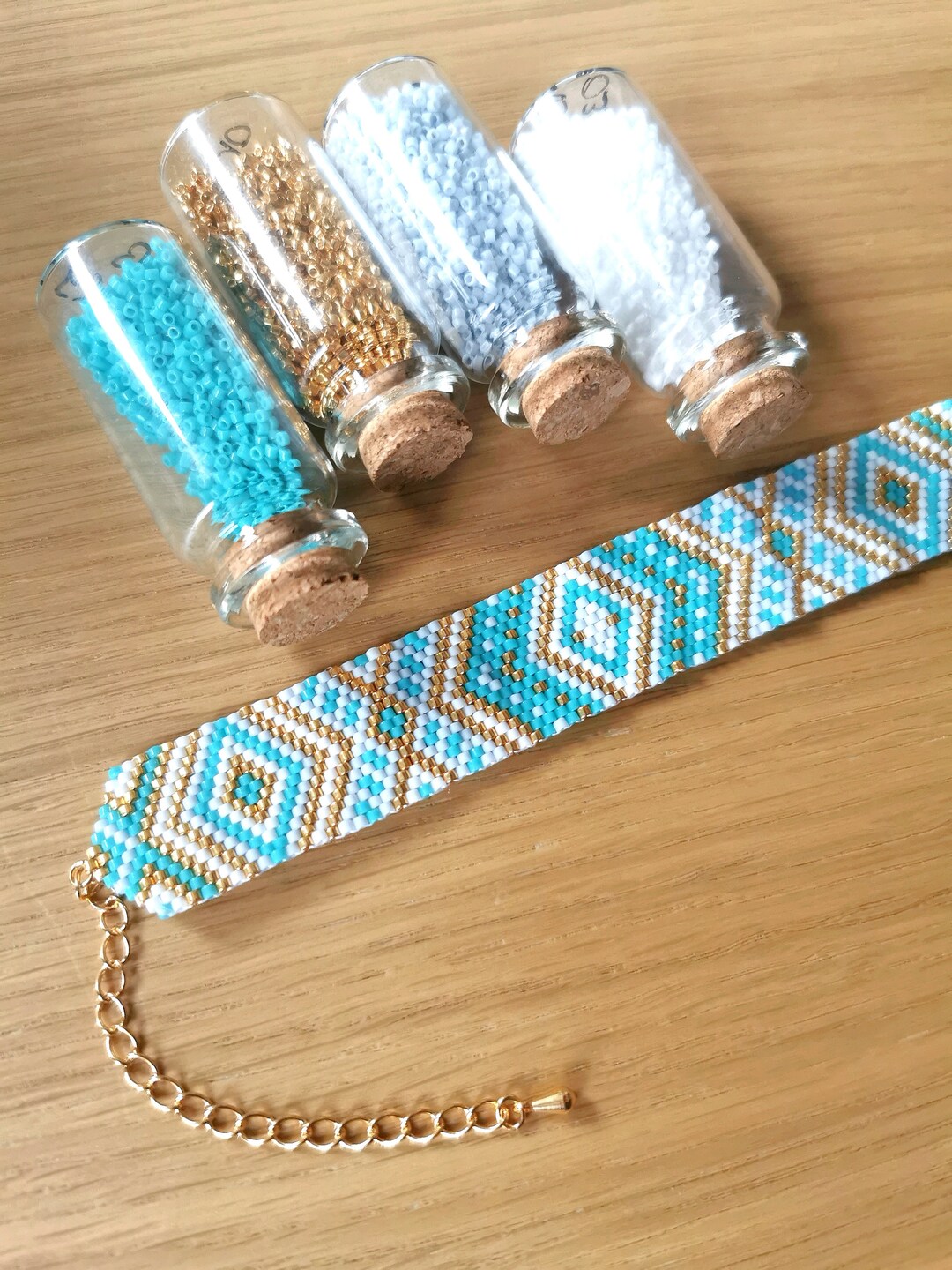 Bracelet Tissé Perles Miyuki Delica - Turquoise & Doré - Longueur Ajustable - Fabriqué En France - Neuf Avec étiquettes
