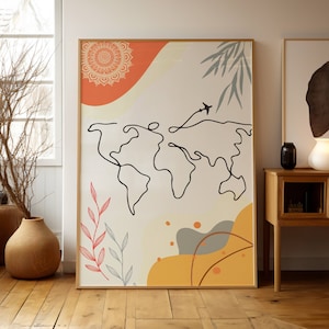 Weltkarte Wandkunst, Karte Digitale Kunst, Ästhetische Raumdekoration, Abstrakte Wandkunst, Reise Wandkunst, Weltkarte druckbar, Single Line Drawing