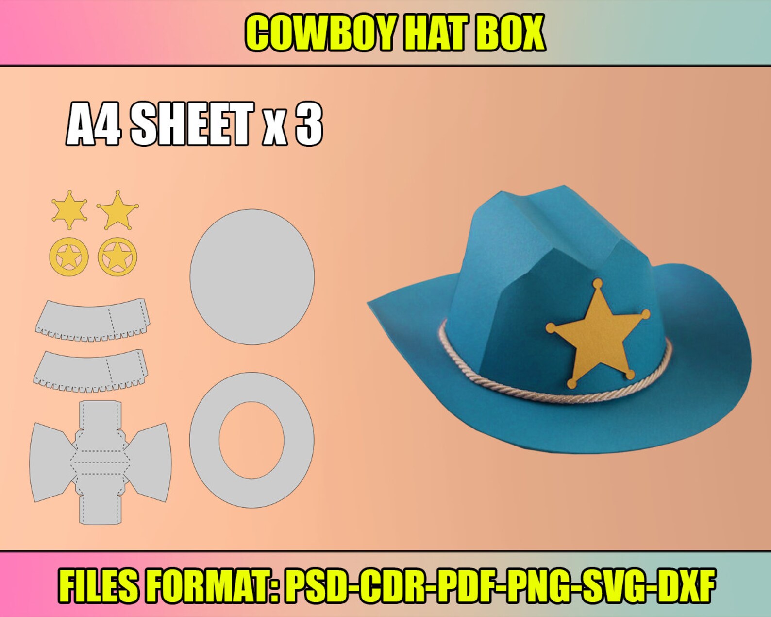Cowboy Hat Box SVG Template, Western Hat Template, Sheriff Hat SVG