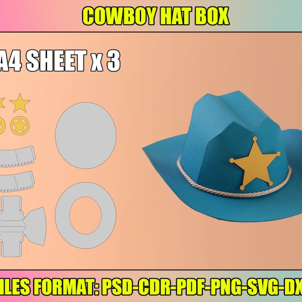 Modèle SVG de boîte à chapeau de cowboy, modèle de chapeau Western, chapeau de shérif SVG, fichiers de coupe Cricut, fichiers de coupe Silhouette, téléchargement immédiat