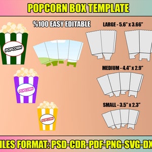 Pacchetto scatola di popcorn, scatola di popcorn di 3 dimensioni, modello di ciotola di popcorn, file tagliati, popcorn Svg per Cricut, grande, medio, piccolo, modello di scatola di snack