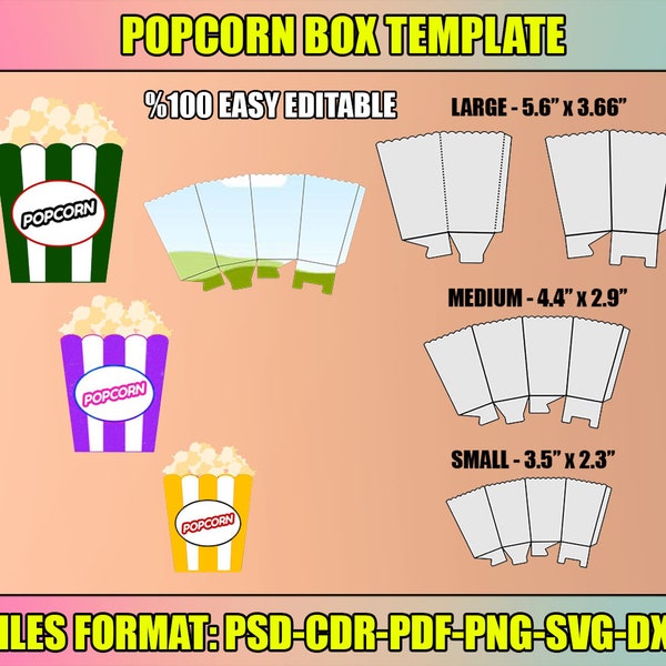 Popcorn Box Bundel, 3 Grootte Popcorn Box, Popcorn Bowl Sjabloon, Cut Files, Popcorn Svg Voor Cricut, Groot, Medium, Klein, Snack Box Sjabloon