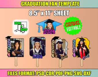 Grad Paddle Fan Template Bundle, Grad Fan, Graduation Fan Template, Graduation Fan, Grad 2024, Canva Edit, Graduation Cake Topper Template