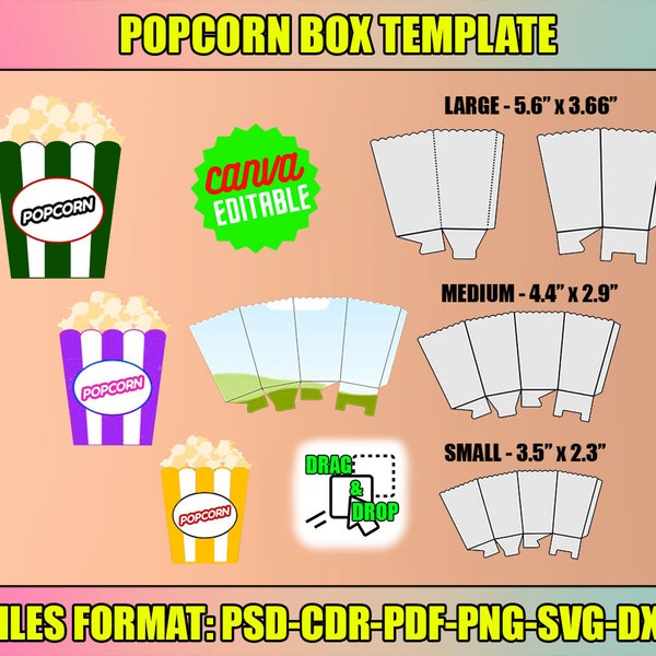 Pacchetto scatola di popcorn in formato SVG, scatola di popcorn di 3 dimensioni, modello ciotola di popcorn, Canva modificabile, file di taglio Cricut, grande, medio, piccolo, modello di scatola di snack