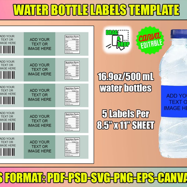 Water Bottle Label Template, Canva Editable Water Label, Water Bottle Label Blank Template, Party Template, Printable Template, Instant Down