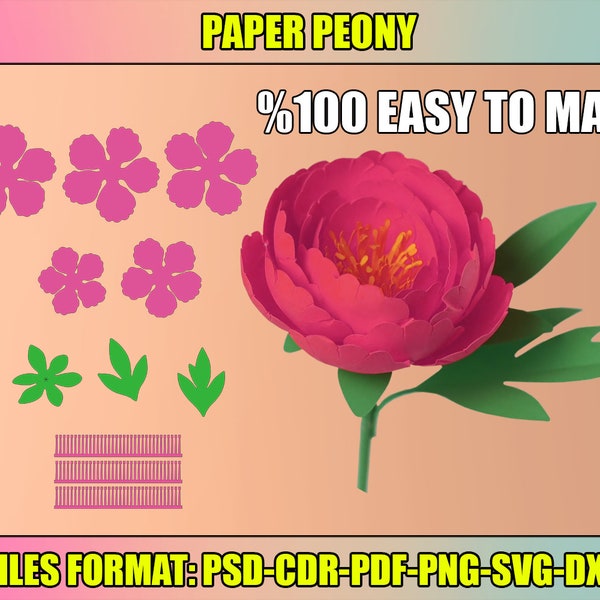 Paper Peony SVG Template, Paper Flower Template, DIY Paper Flower, Flower Cut Files, Cricut, Silhouette Cut Files, instant download