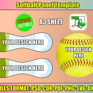 Modèle de panneau de softball, éditable sur toile, emballage de balle personnalisé, bricolage, modèle en cuir de softball, svg, png, psd, personnalisable, téléchargement immédiat