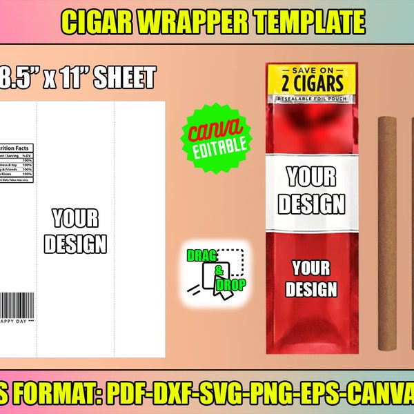 Sweet Cigar Wrapper Template Svg, Editable Full Wrapper, Cigaratte Pack, Cricut, Canva, Silhouette, Printable Sheet, Instant Download