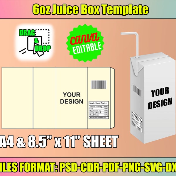 6 Unzen Saft Box Vorlage, Juice Box Wrapper Vorlage, 6 Unzen Juice Box Label SVG, Canva bearbeitbar, Juice Box Aufkleber, druckbar, Cut Files, svg
