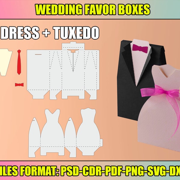 Wedding Favor Box Template Bundle, Tuxedo Box SVG Template, Dress Box SVG Template, Cricut Cut Files, Sihouette Cut Files, instant download