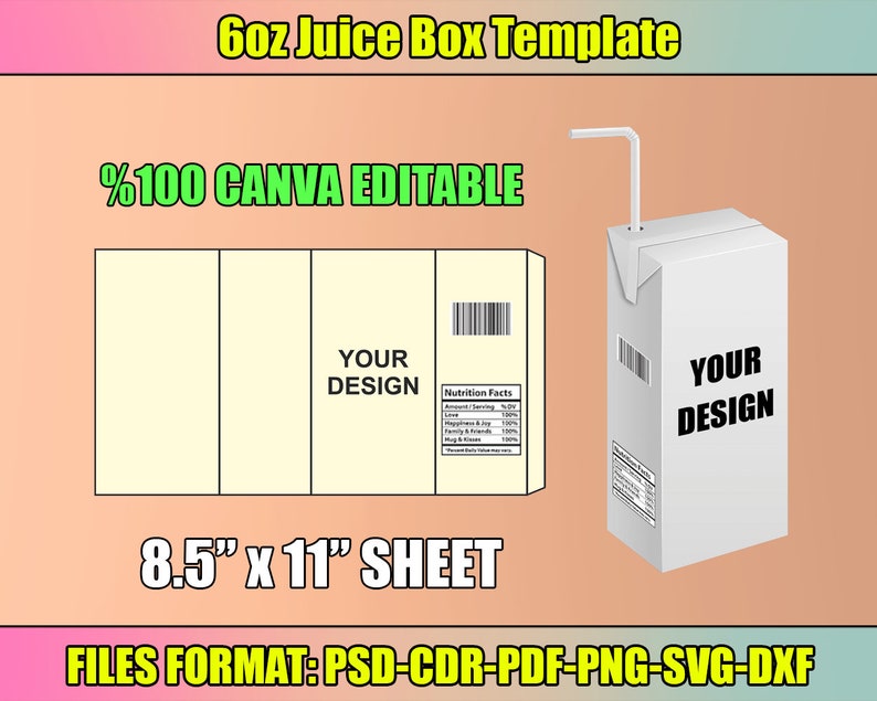 6oz Juice Box Template, Juice Box Wrapper Template, 6 Oz Juice Box Label Svg, Canva Editable ...